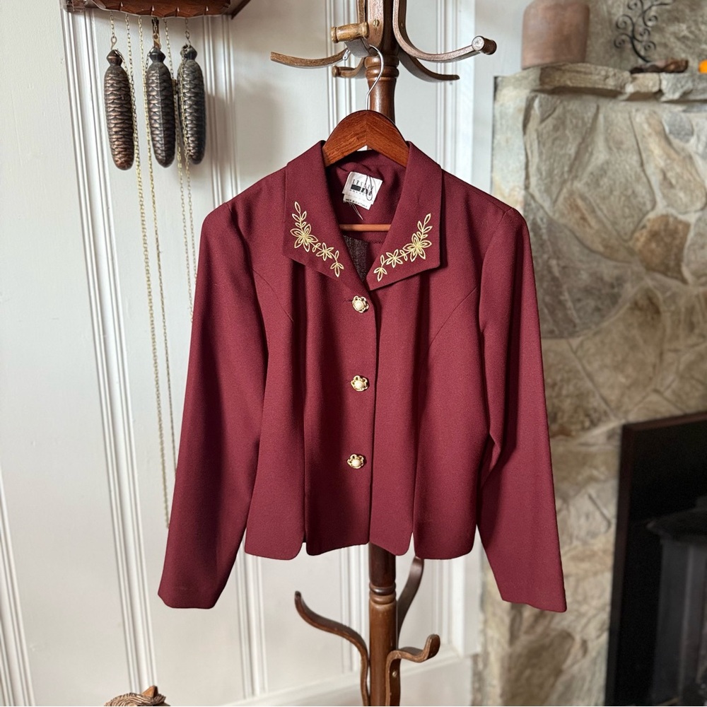 Vintage Wine Tone Blouse with Metallic Embroidered Collar size 8 medium